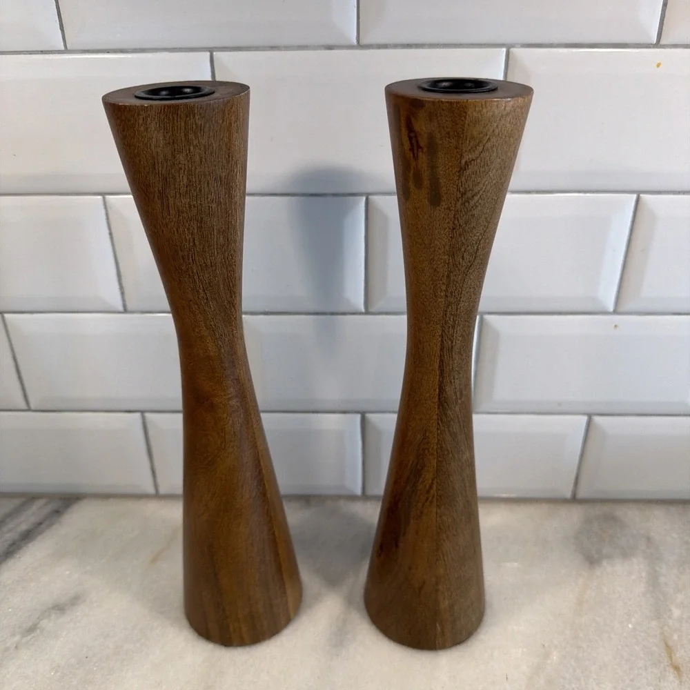 Set Of 2 Vintage 12in Teakwood MCM Danish Modern Candleholders  GW008